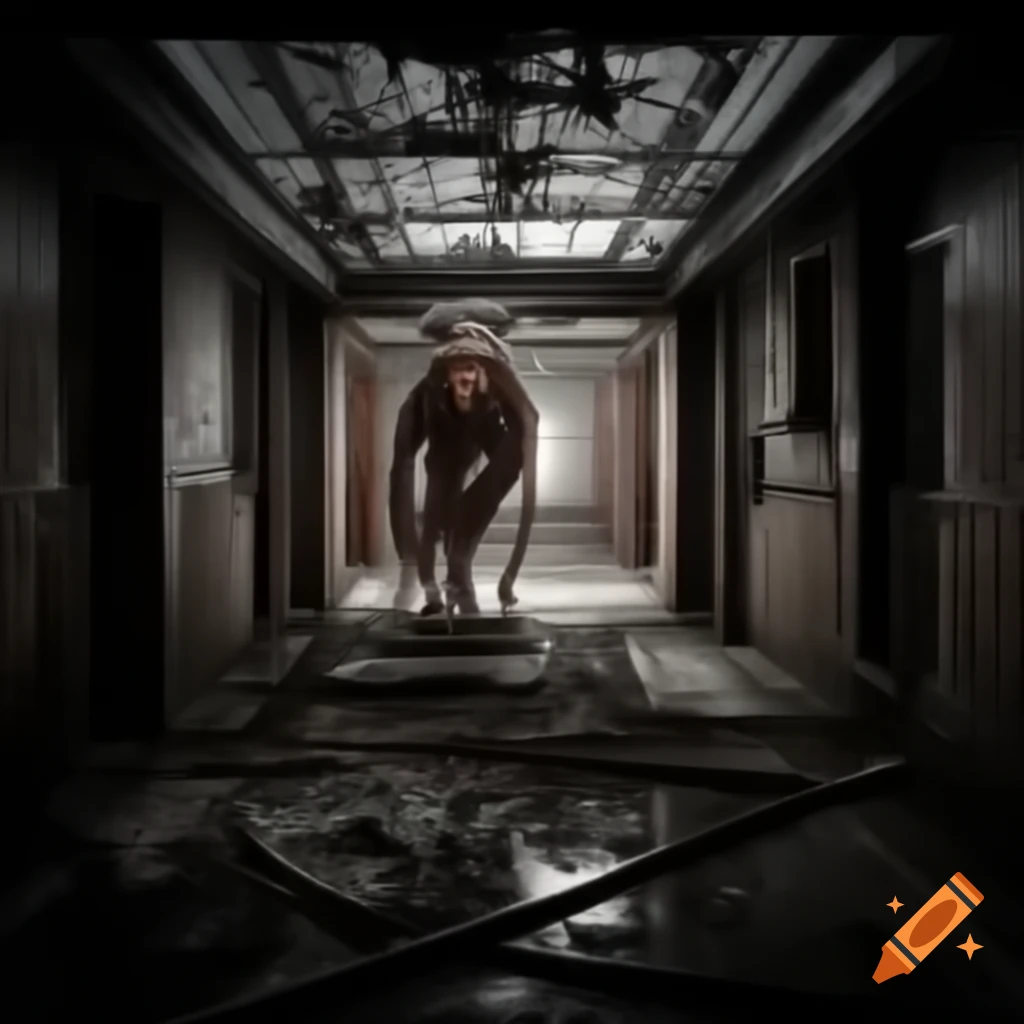 Realistic depiction of an alien-like mutation in an abandoned laboratory corridor