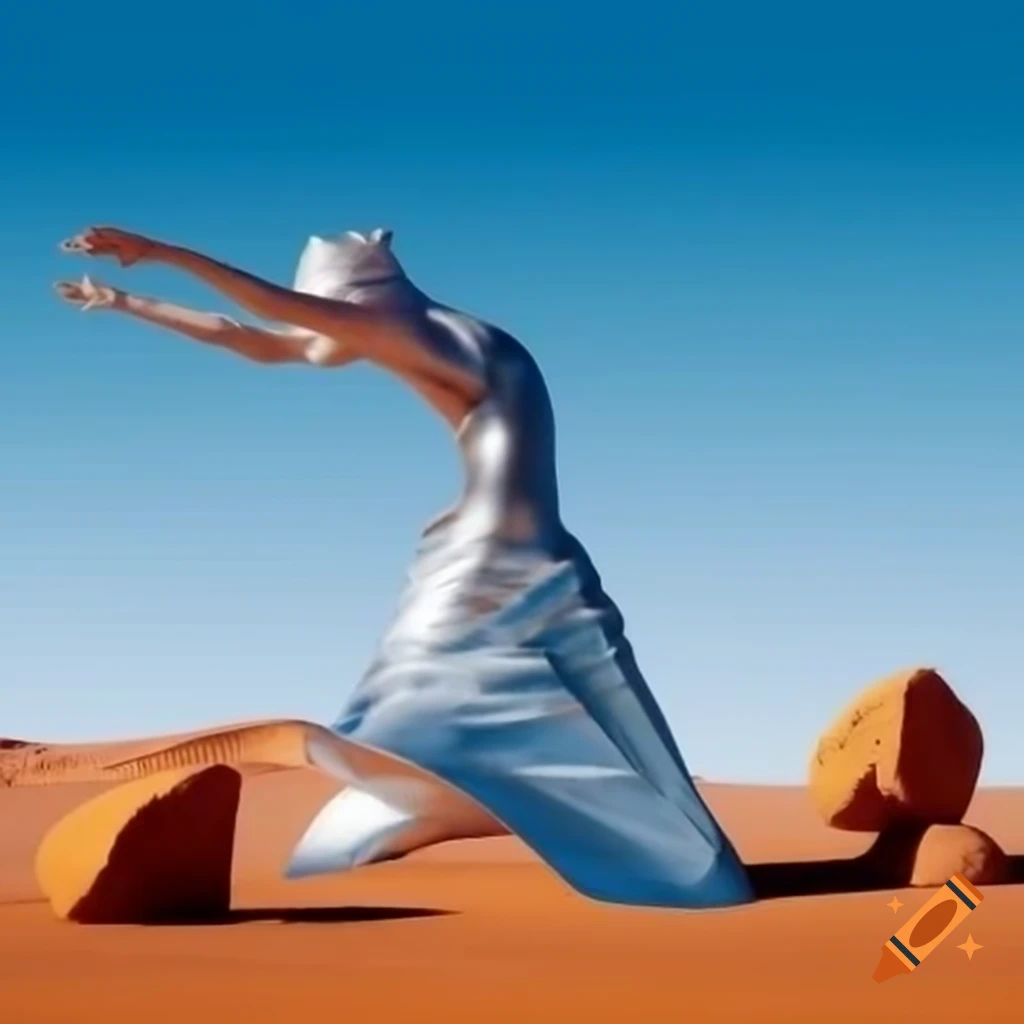 Pop surreal photography of woman as silver statue in stone desert