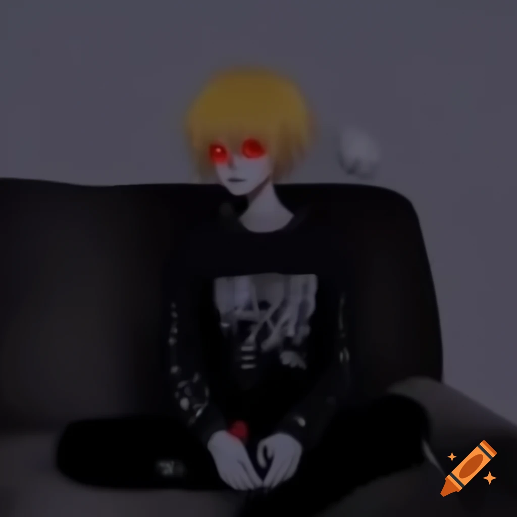 Anime emo boy with blond hair and red eyes relaxing on couch in yellow hoodie