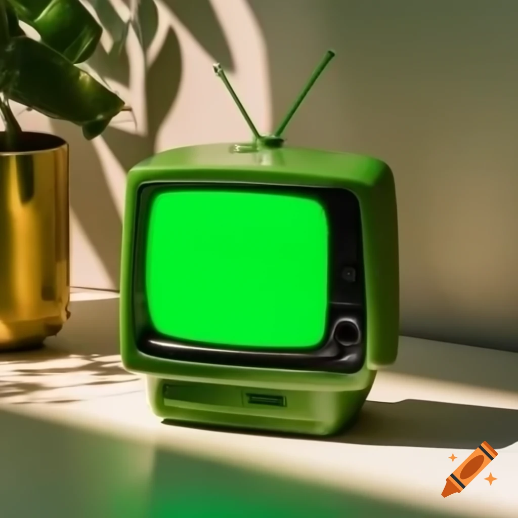Small green glowing VHS TV combo statue made of jade in sunlight