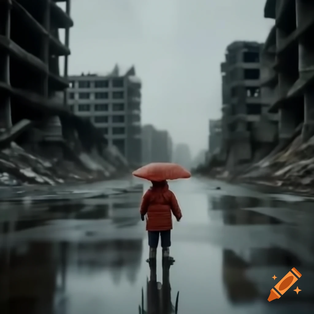 Child on rainy road with abandoned destroyed buildings in the background