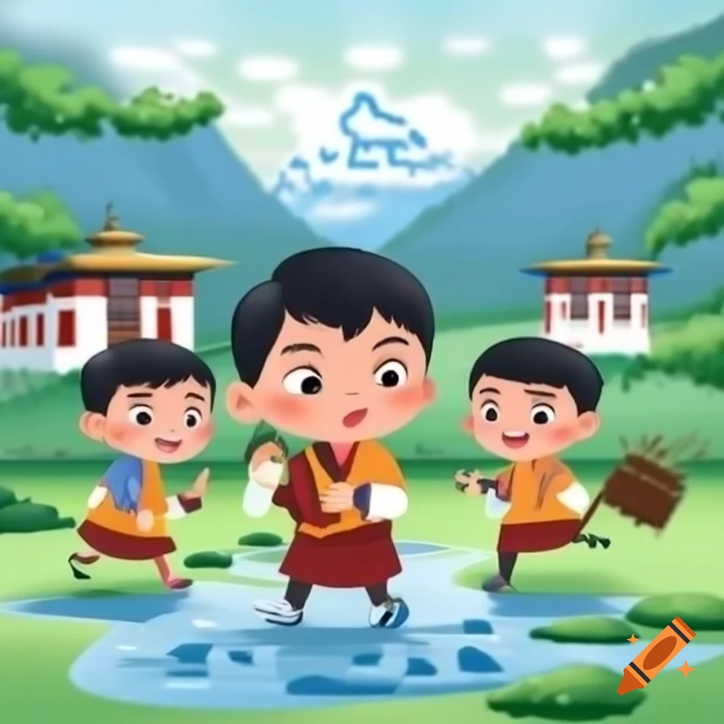 Bhutanese caricatures of boys playing in the rain