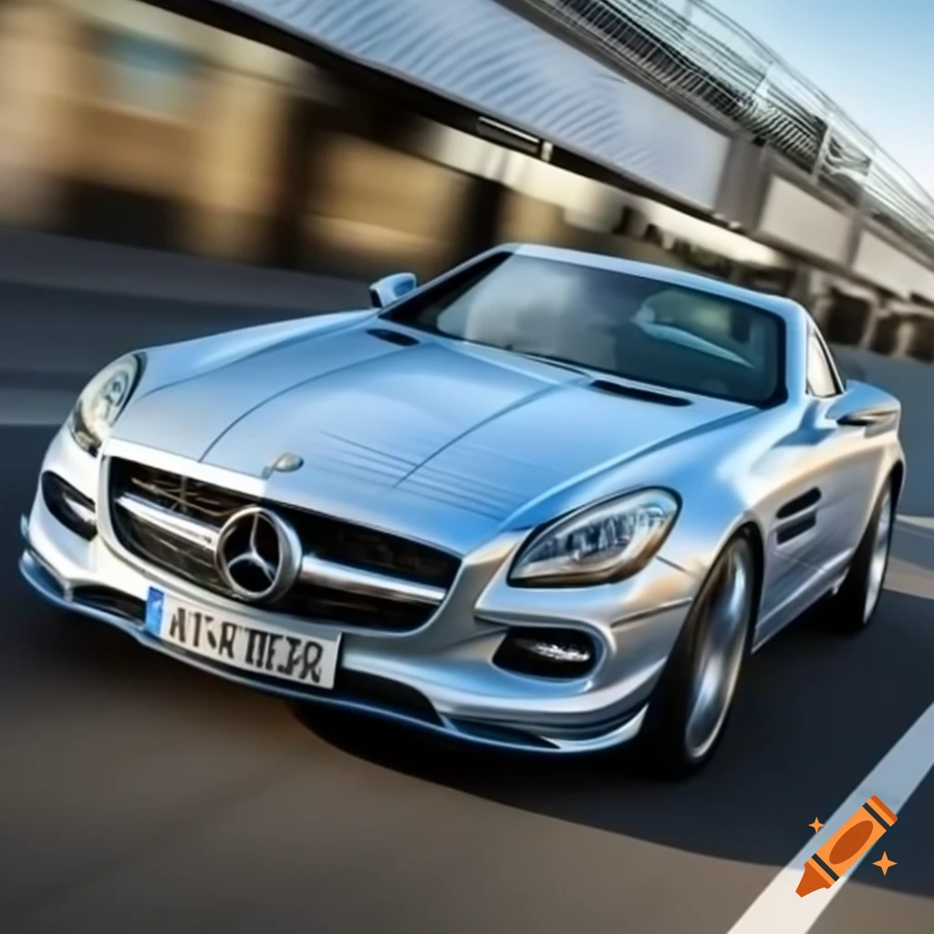 Mercedes SLK R171 in light blue metallic speeding during a chase, with woman jumping out of the way