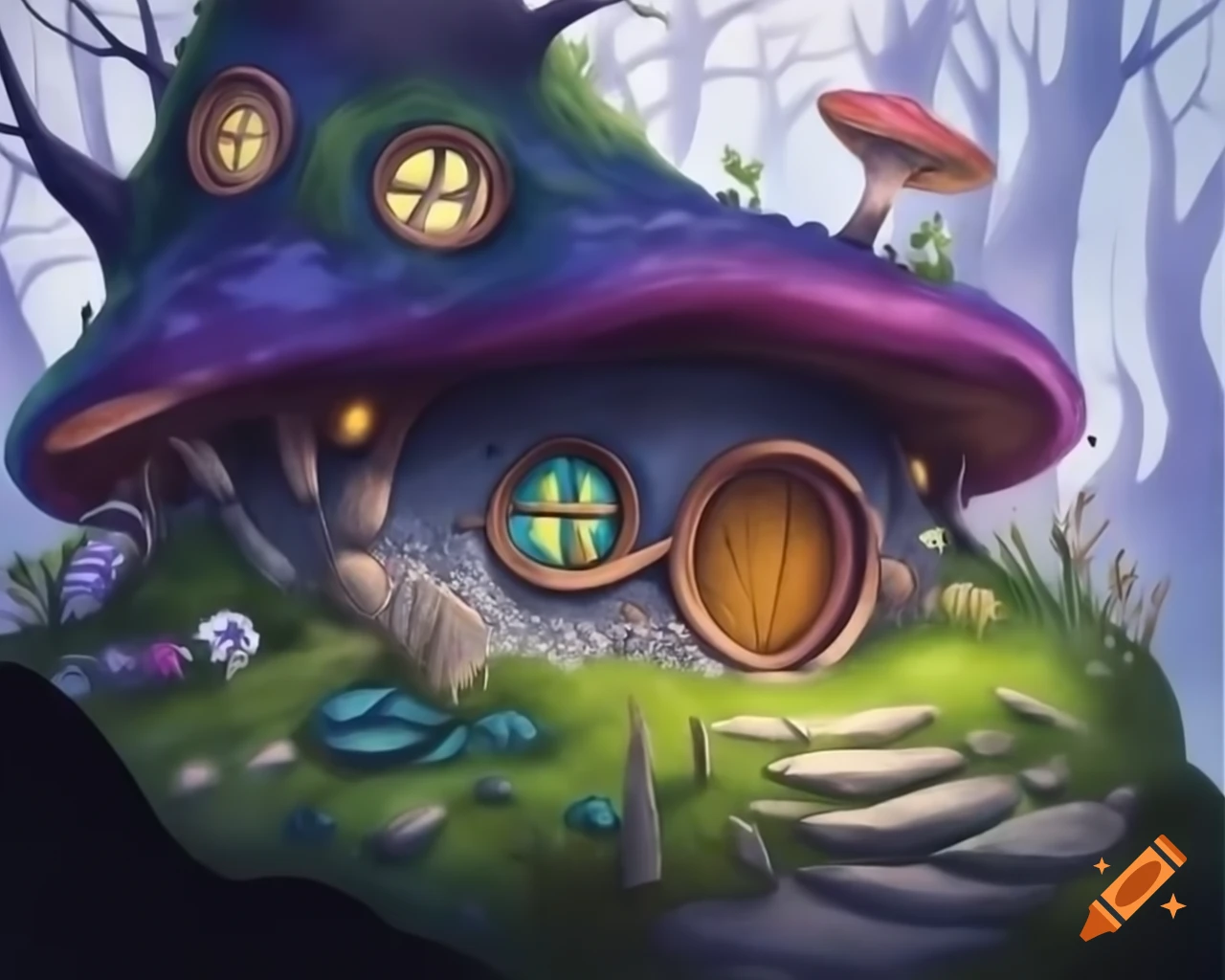 Dark fantasy watercolor of mossy hobbit and mushroom houses
