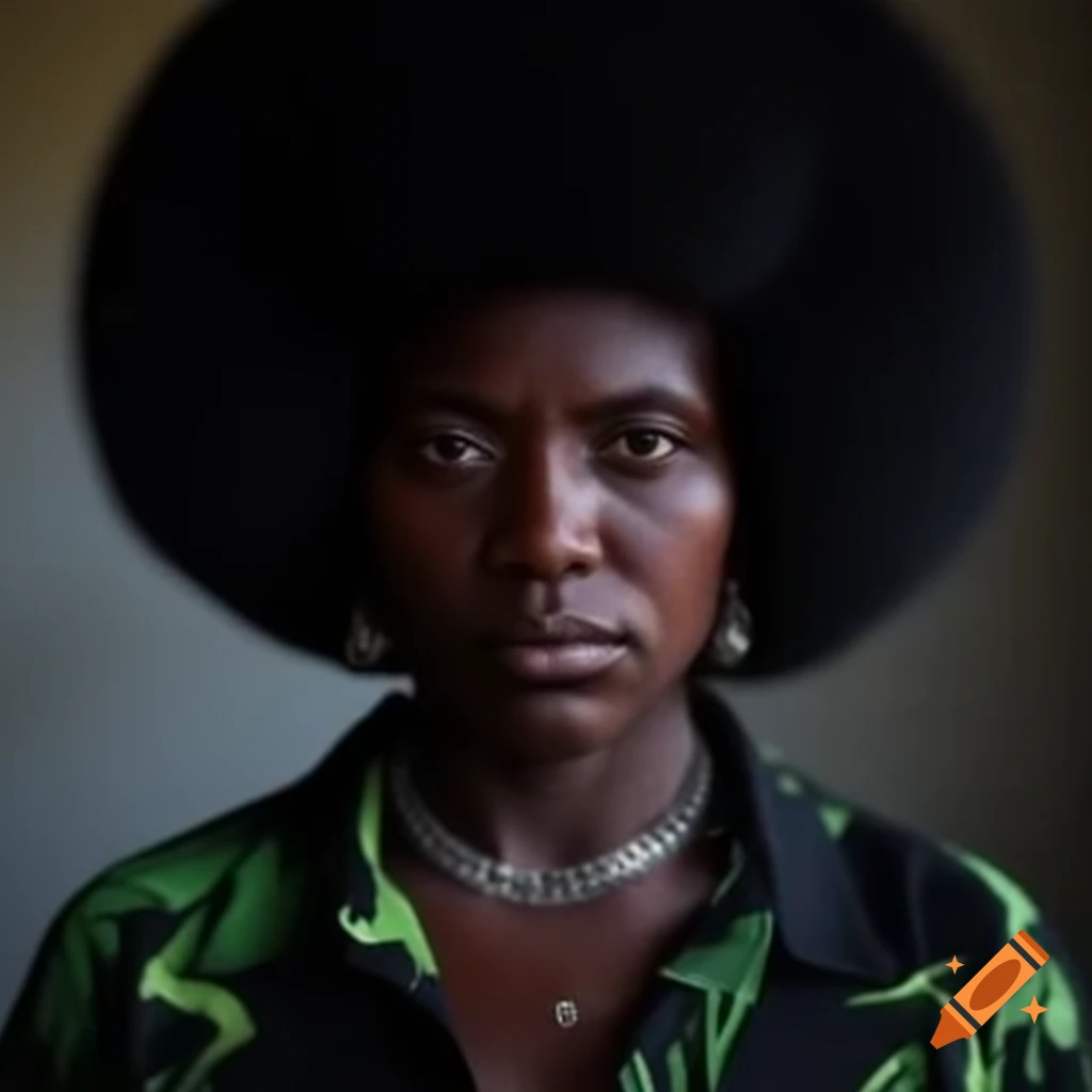 Black woman with small Afro in black and green outfit, accessorized with silver jewelry