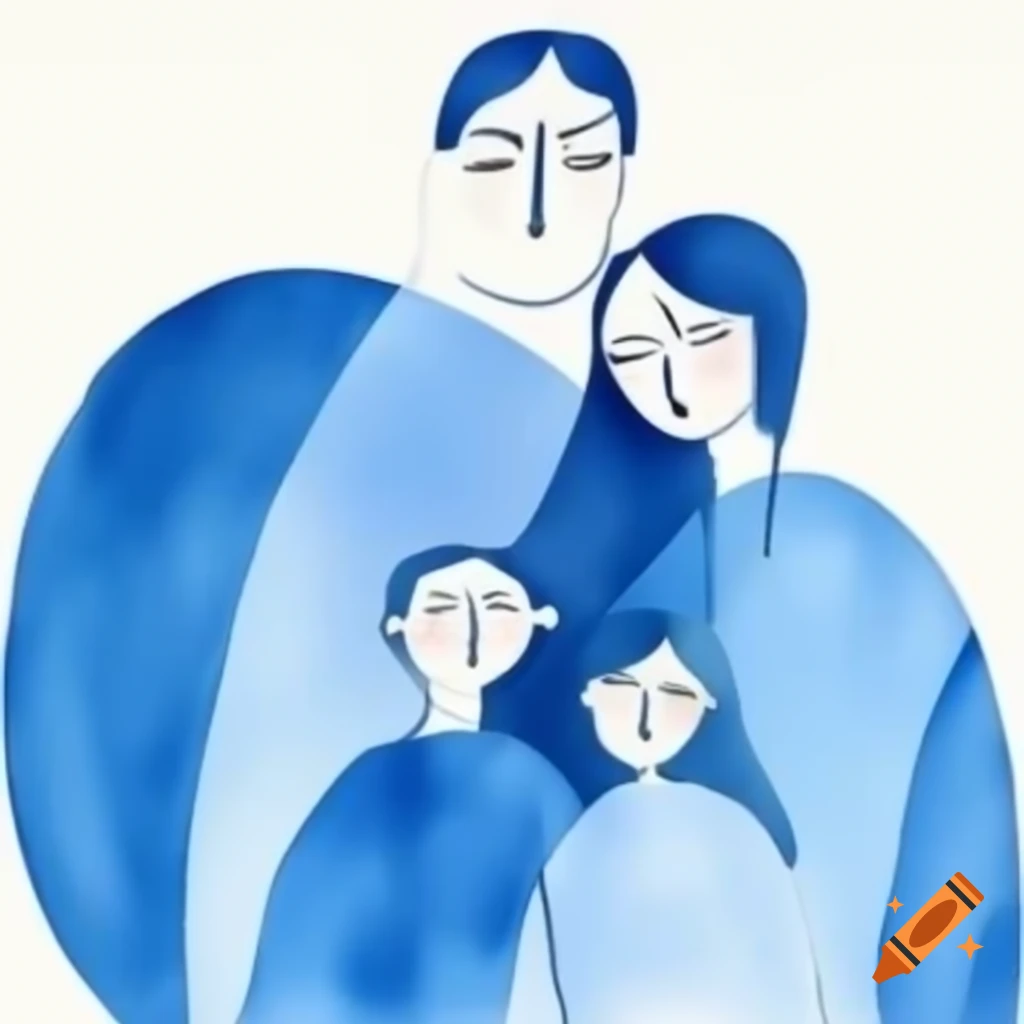 Minimalist artwork of a blue family with a child