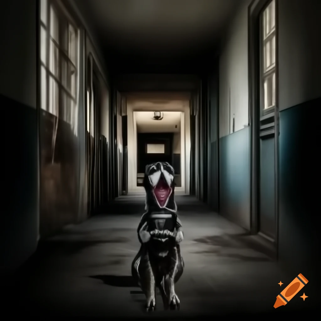 Surreal digital photo of dog with human mouth in dark abandoned hallway