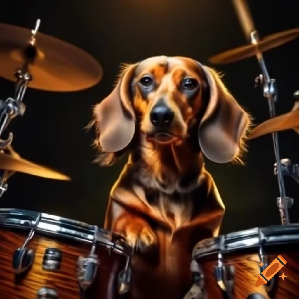 Dachshund playing drums energetically during a chaotic drum solo