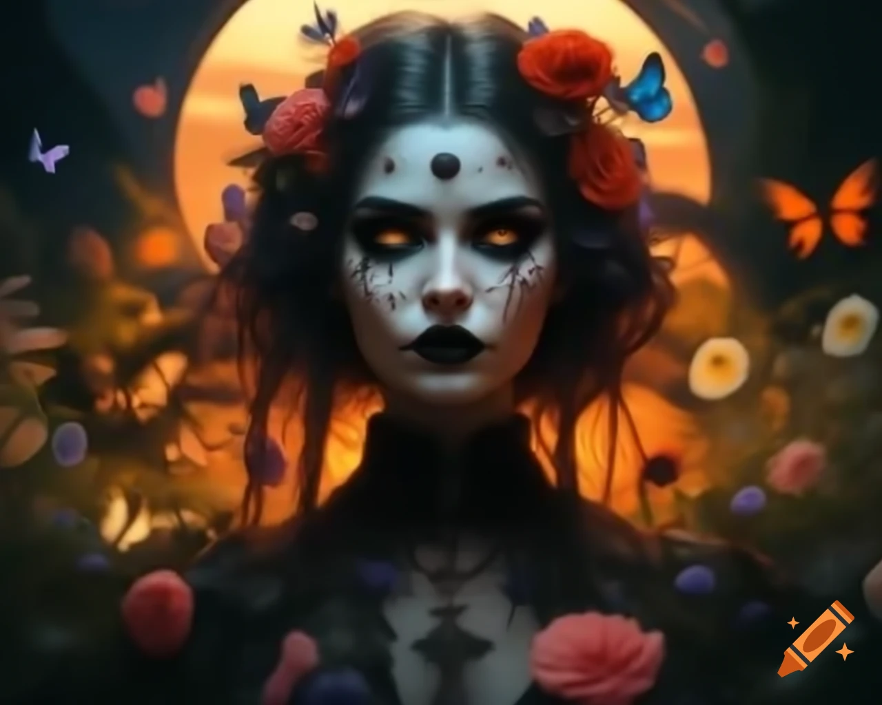Hyperrealistic Gothic woman with flowers and butterflies in hair, detailed makeup and freckles