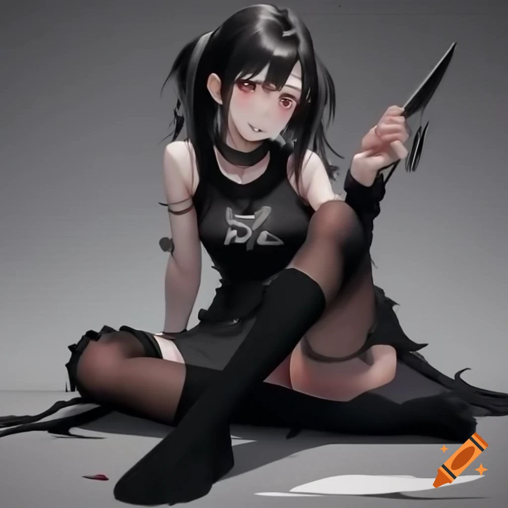 Goth anime girl with knee socks and knife, sitting with crossed legs