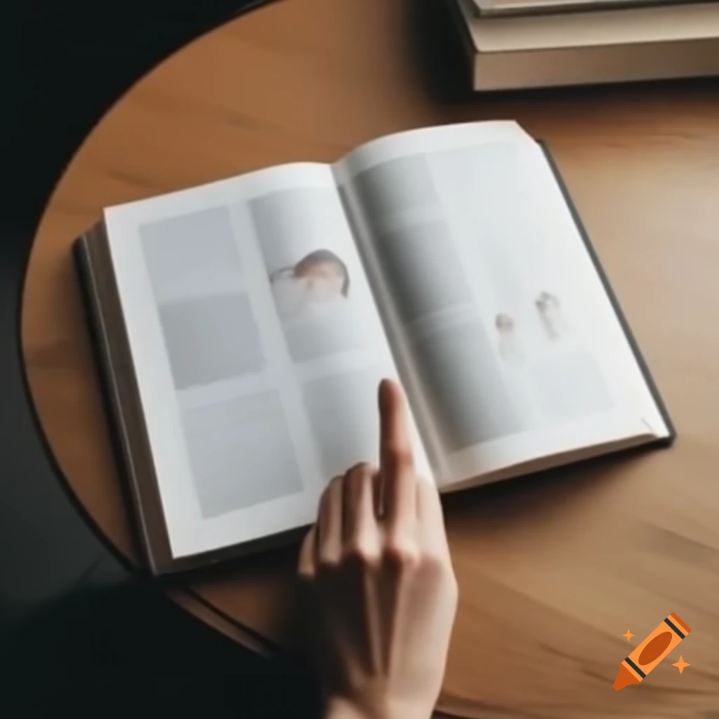 Closed modern pocket novel with woman's finger pointing at book cover on table