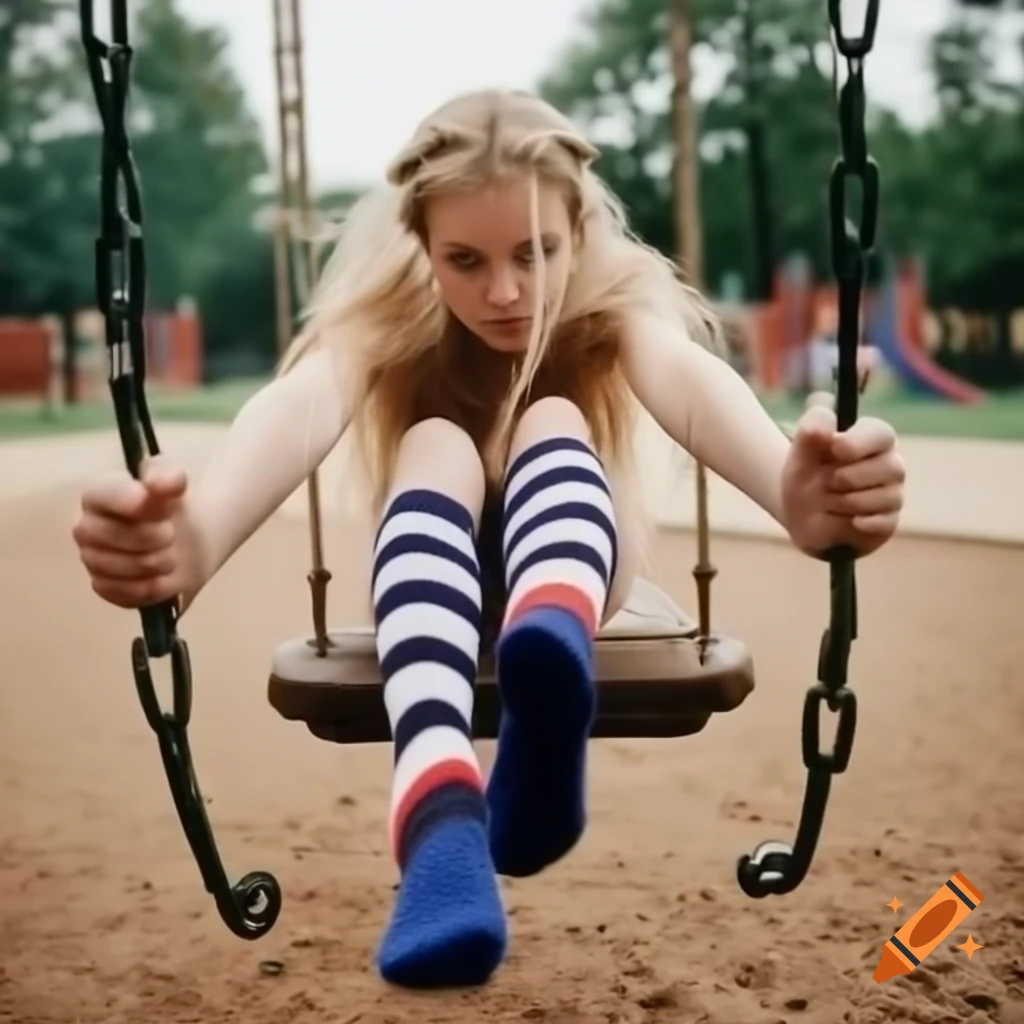 Woman swinging in playground showcasing colorful striped ankle socks