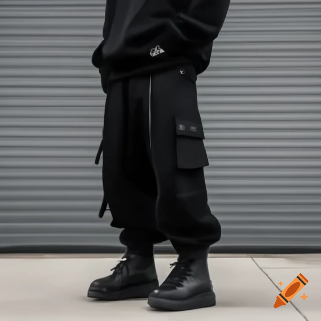 Tall individual dressed in black hoodie, baggy cargo pants, and combat boots
