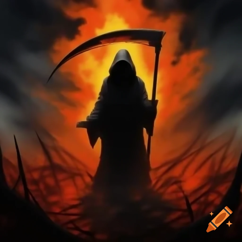 Hooded figure with scythe silhouette against dying ember sky