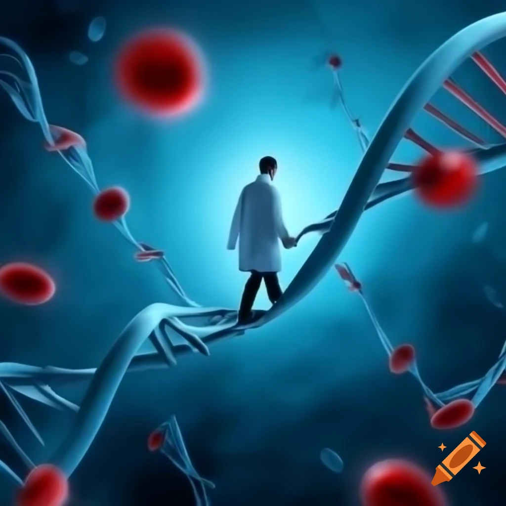 Scientist walking on DNA double helix in futuristic medical lab
