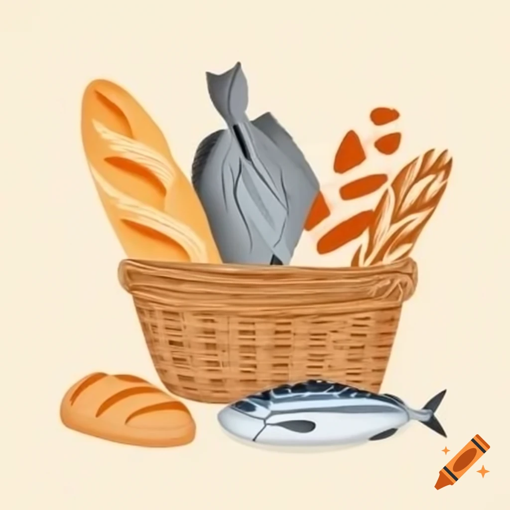 Basket containing five loaves of artisan bread and two fish