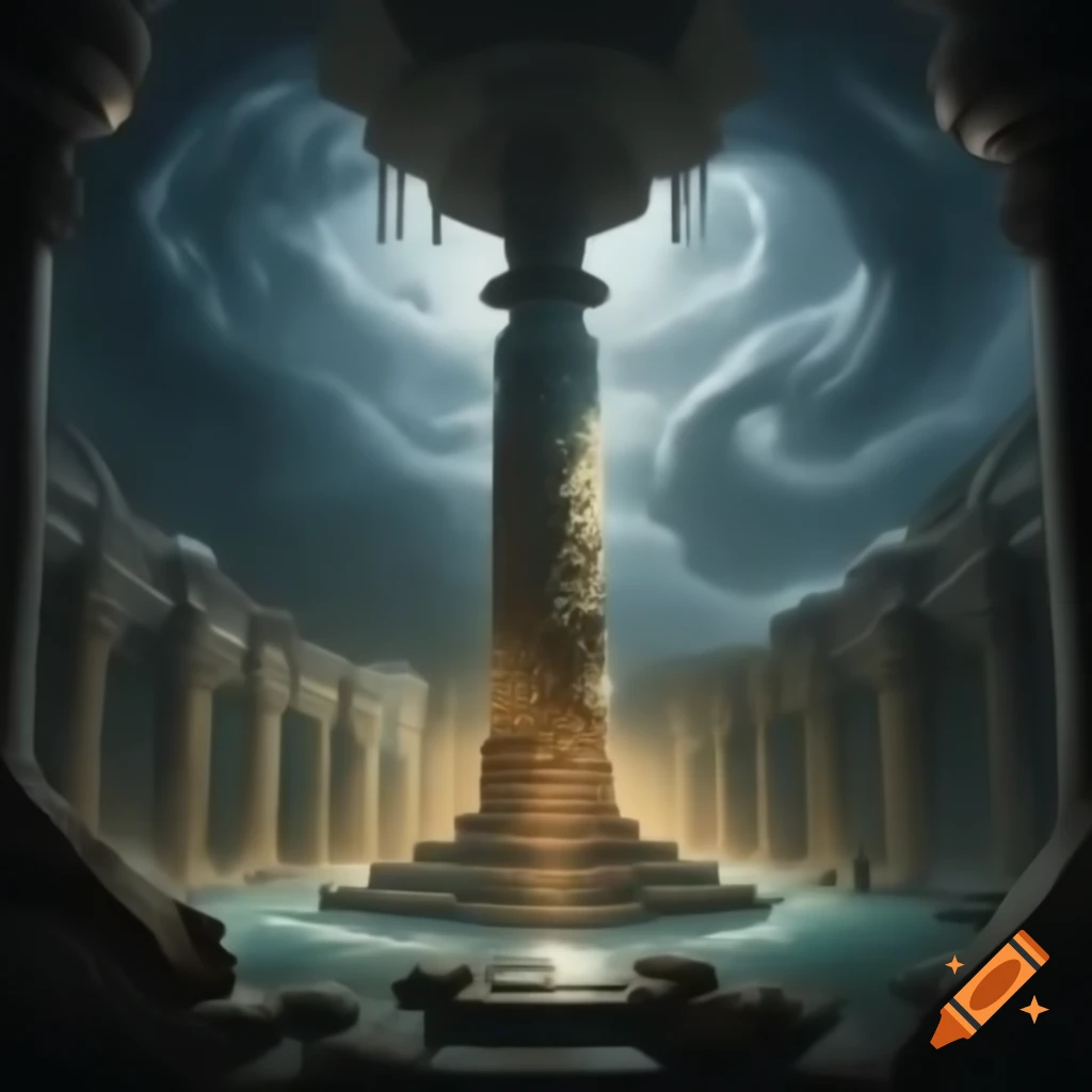 Classic fantasy illustration of a stone column supporting temple ceiling, in strong blacks and bright whites