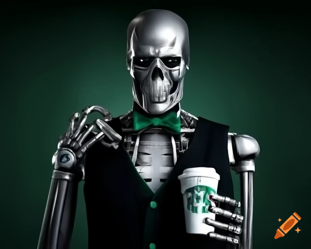 Terminator character holding Starbucks coffee cup