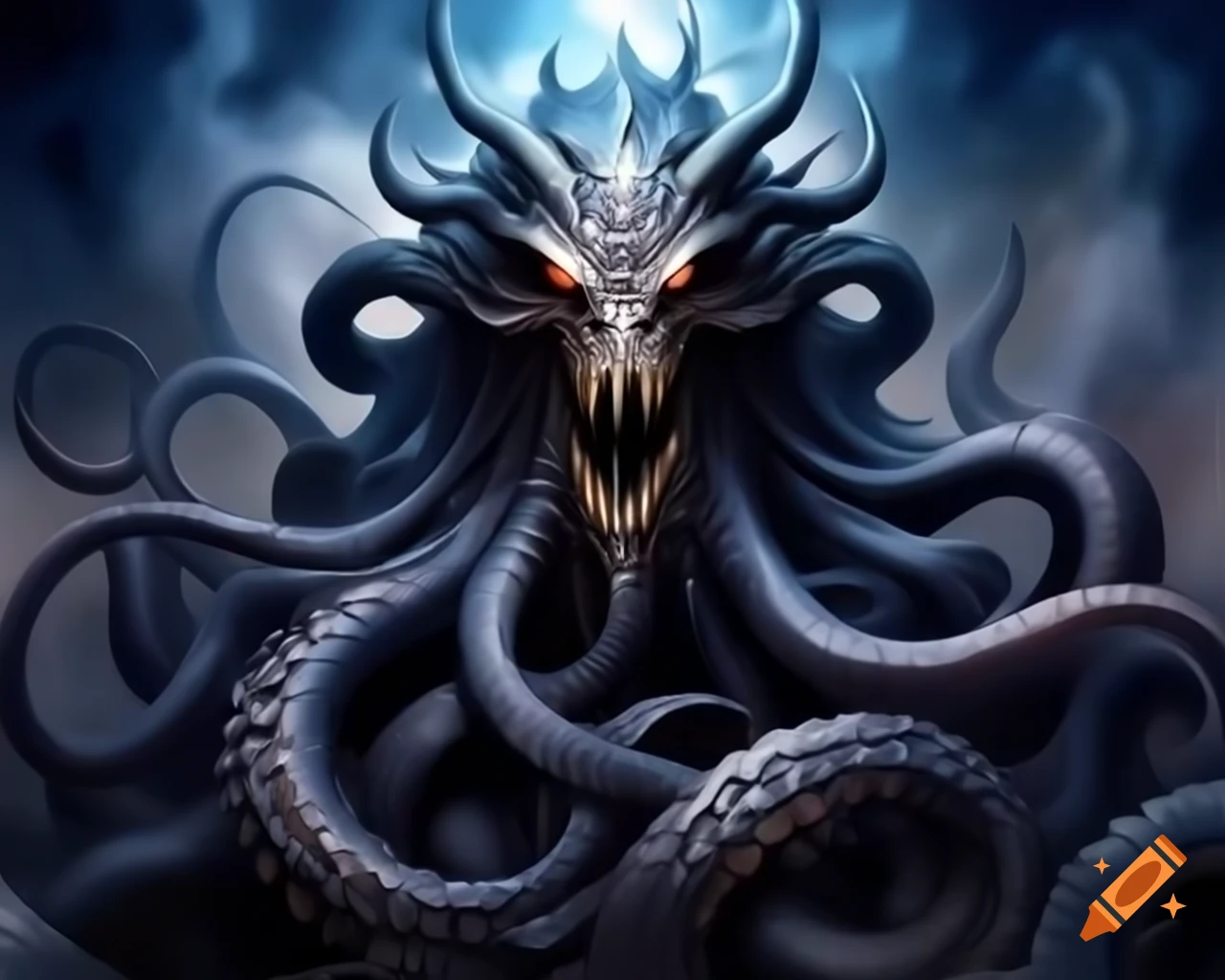 Dark fantasy monster with tentacles and sharp teeth in watercolor style