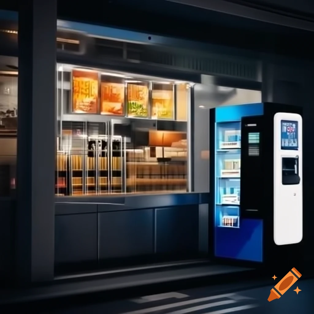 Innovative food vending machine offering healthy meals in bright office lunchroom