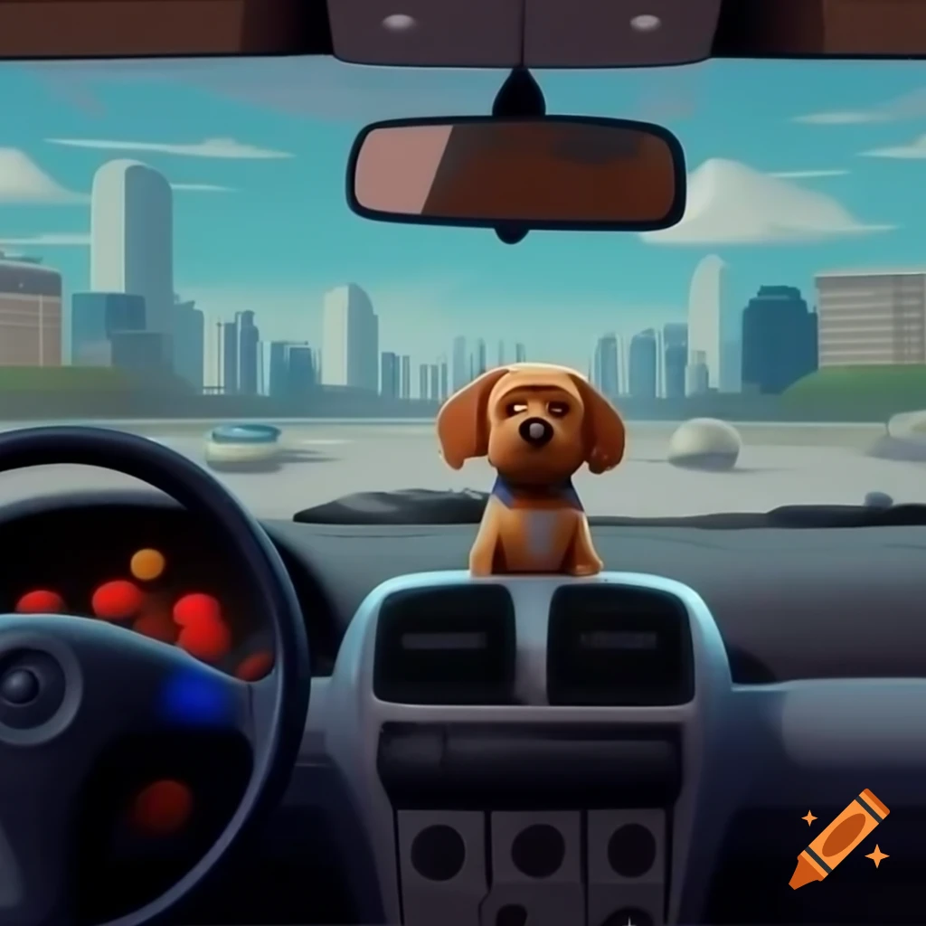 Interior view of car featuring bobblehead dog on dashboard with city skyline