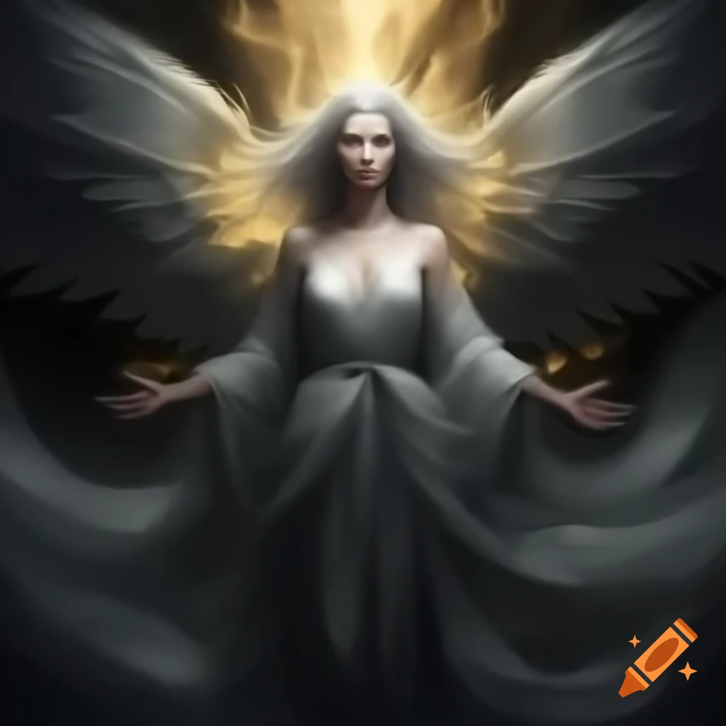 Mysterious figure in grey robes with wings summoning golden energies
