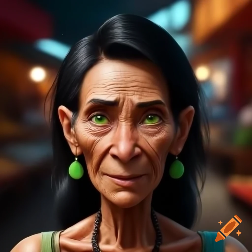 Confident woman with sleek ponytail and green eyes in vibrant market
