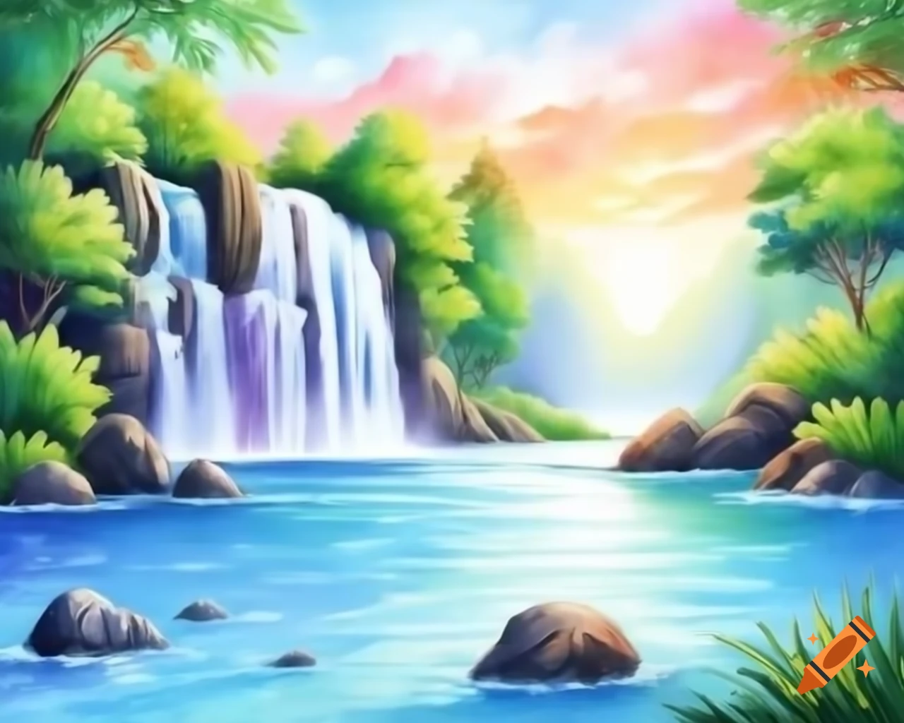 Beautiful watercolor landscape featuring small waterfall and rainbow