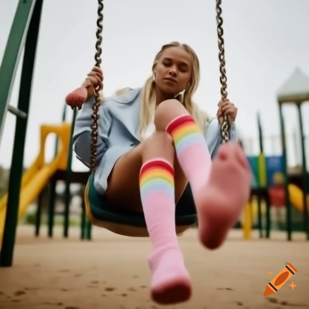 Woman swinging in playground with rainbow socks and pink and white foot bottoms visible