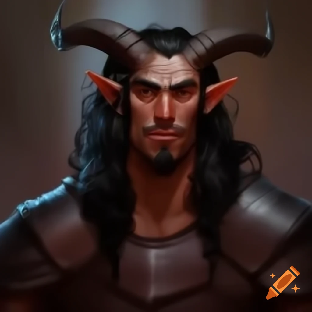 Muscular tiefling man in dark armor holding a shield