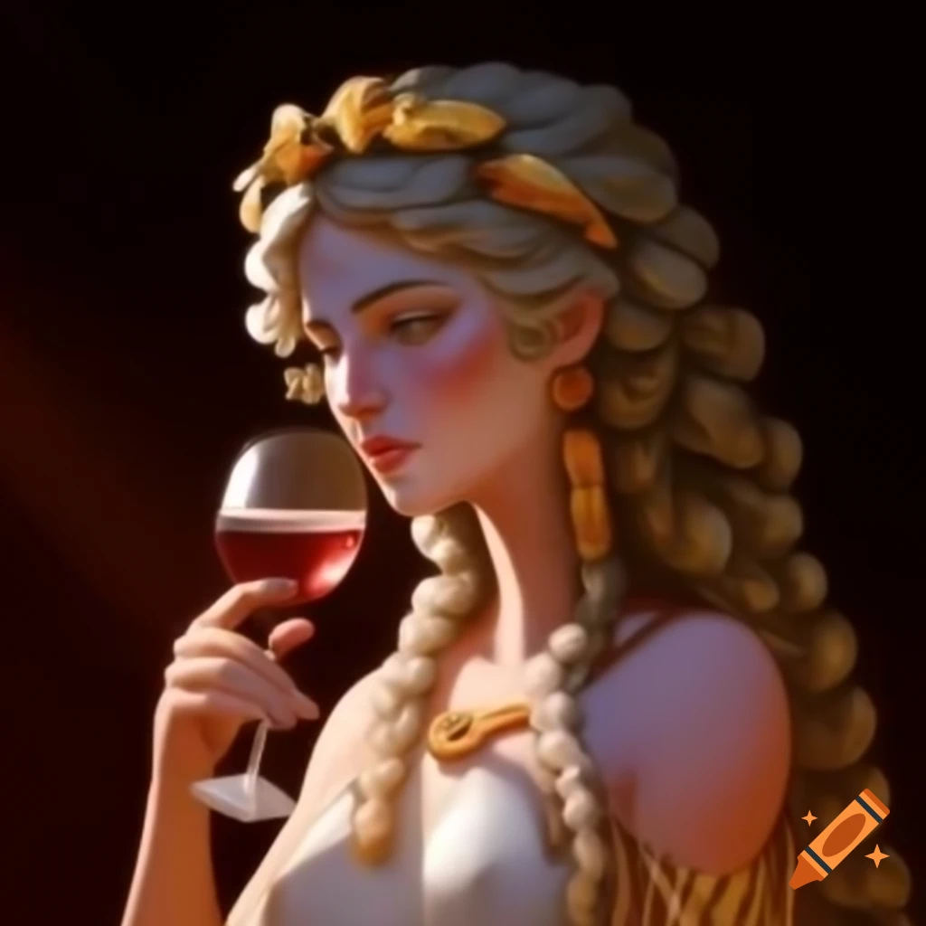 Greek goddess holding glass of wine