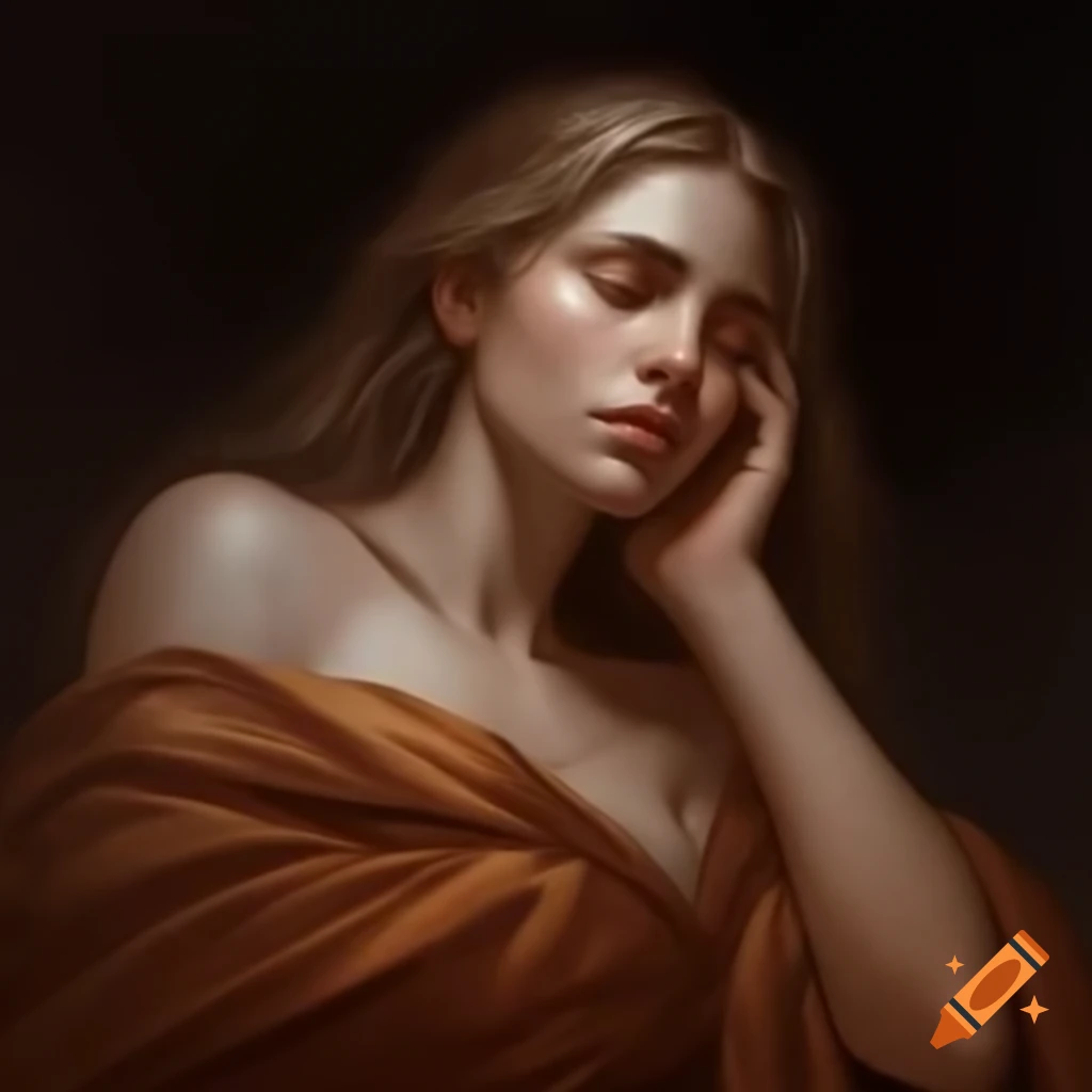 Mysterious woman in flowing robes captured in oil, embodying contemplation and ancient wisdom
