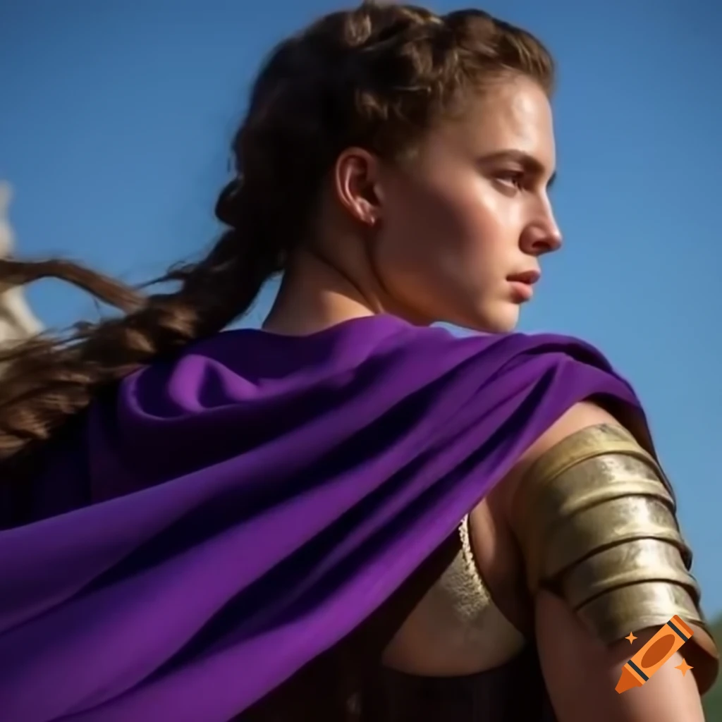 Young woman in Roman armor and purple cape viewed from below against clear backdrop