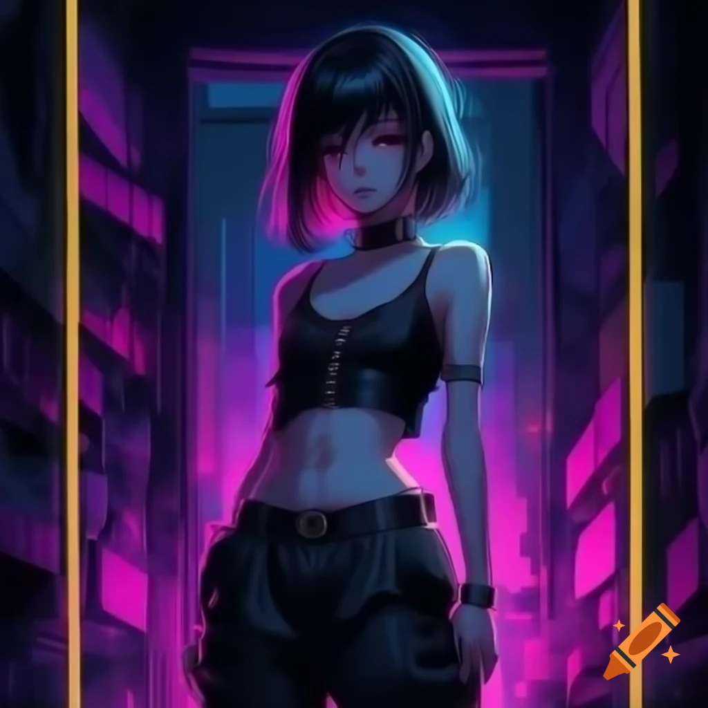 Punk-inspired young woman in dystopian fashion with black hair and low-rise pants