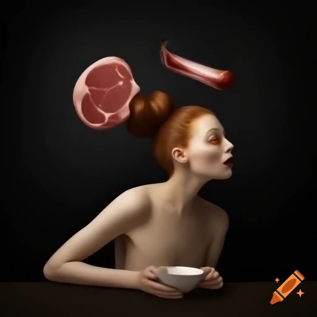 Surreal culinary masterpiece of meat and bun in eerie presentation