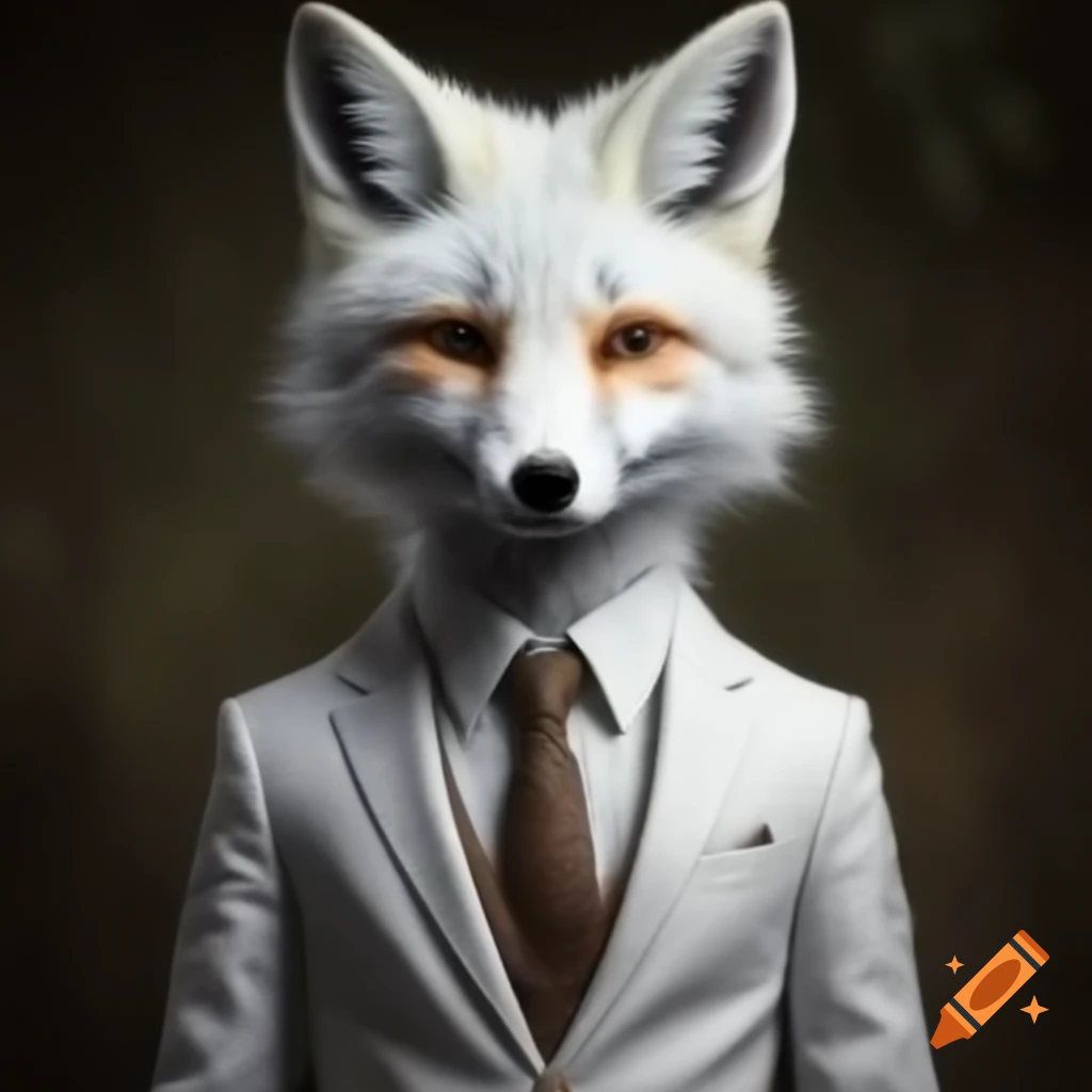Anthropomorphic white fox in a white suit