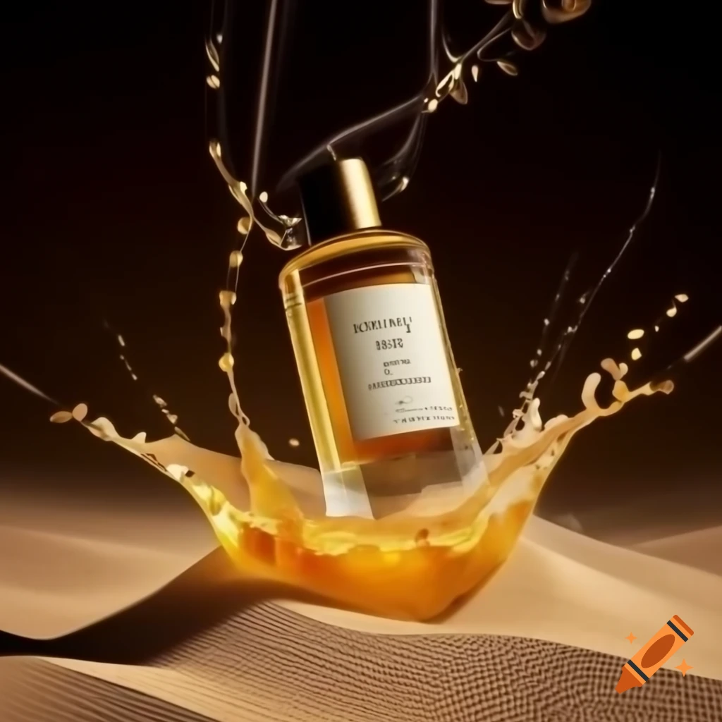 Sandalwood oil perfume bottle rising from sandy ground with golden liquid splash