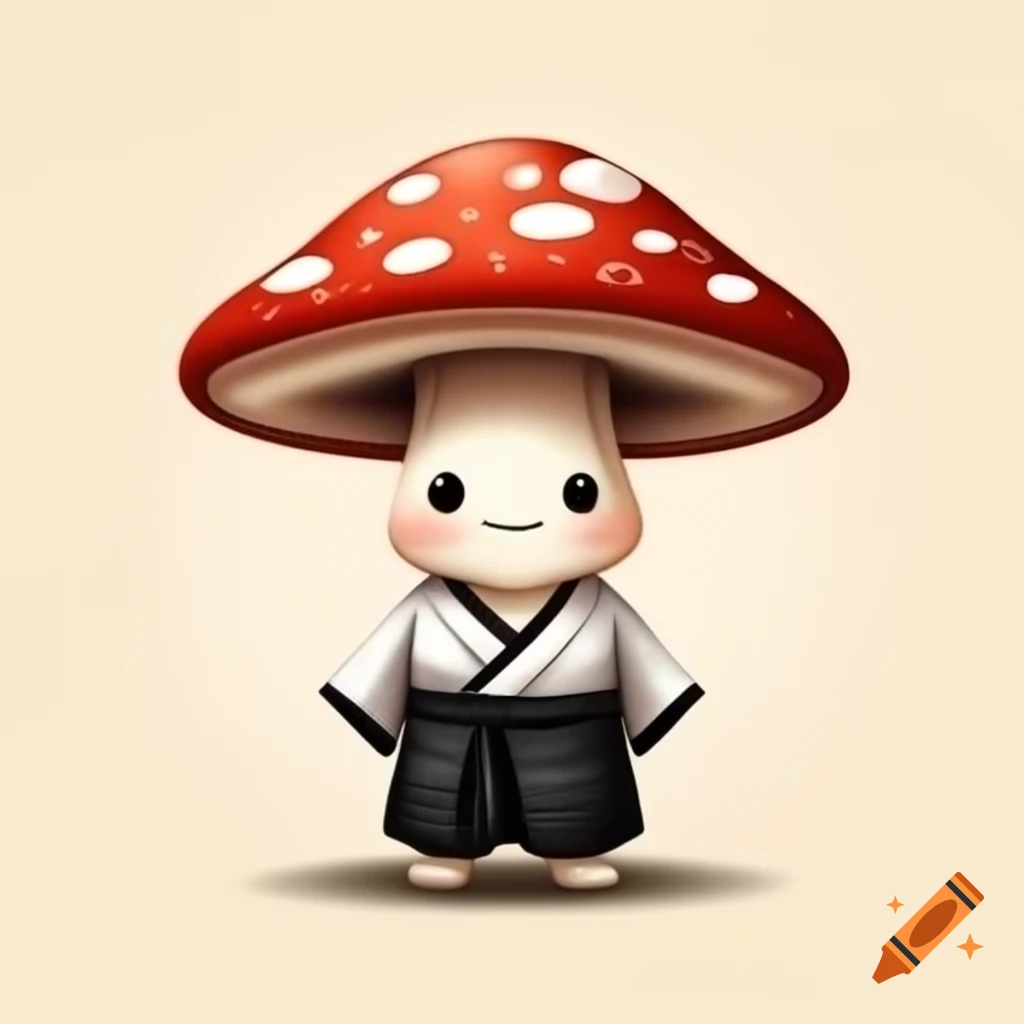 Smiling mushroom character wearing white kimono and black hakama pants