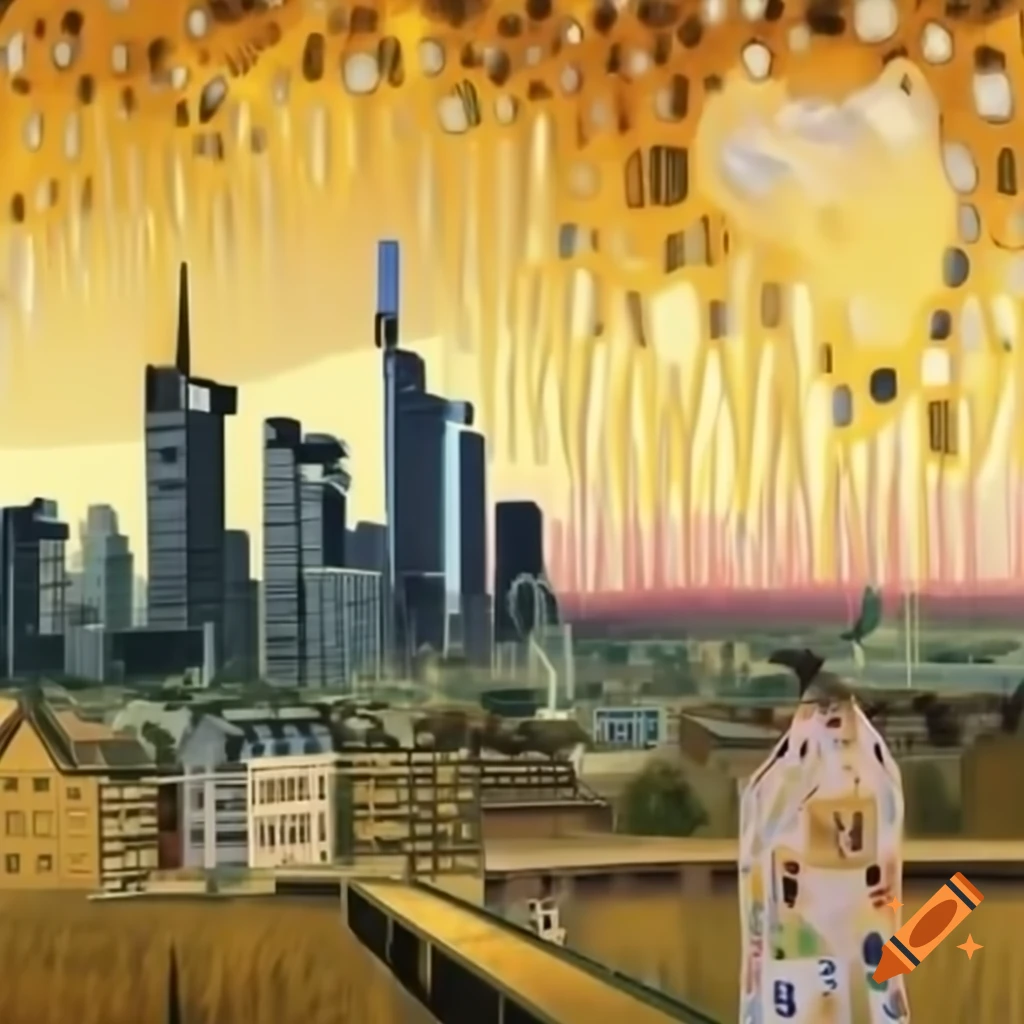 Frankfurt skyline illustrated in Klimt's artistic style