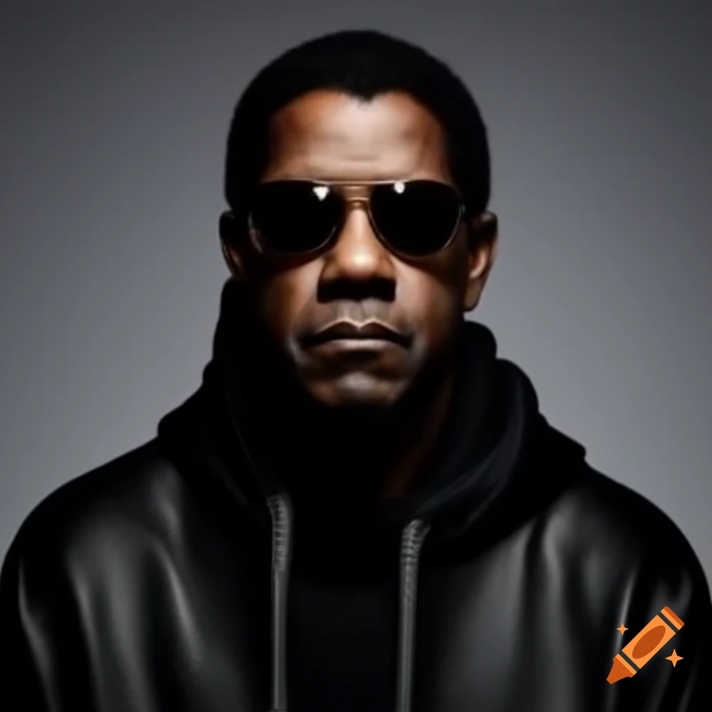 Denzel Washington in sunglasses and black leather hoodie against grey background