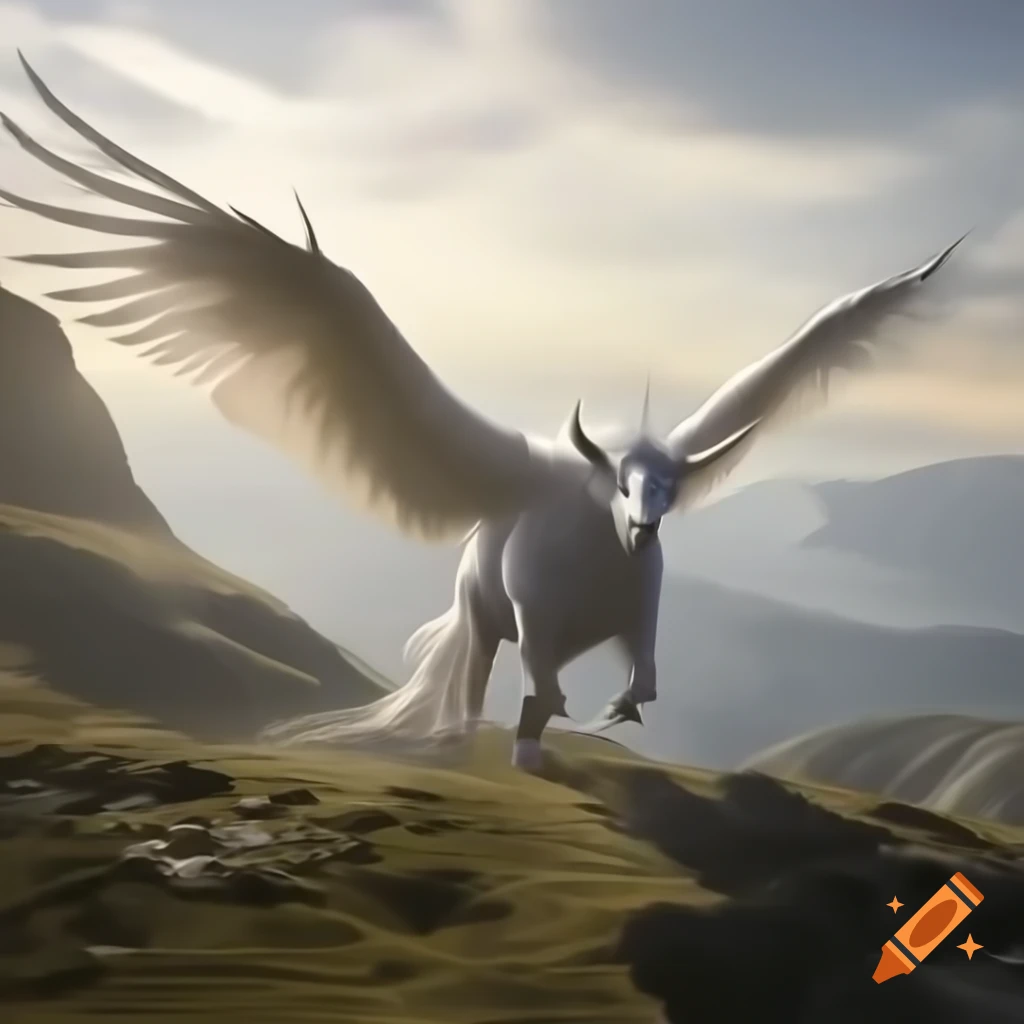 Aeremal, a rare winged creature resembling a cow, in remote mountain ranges