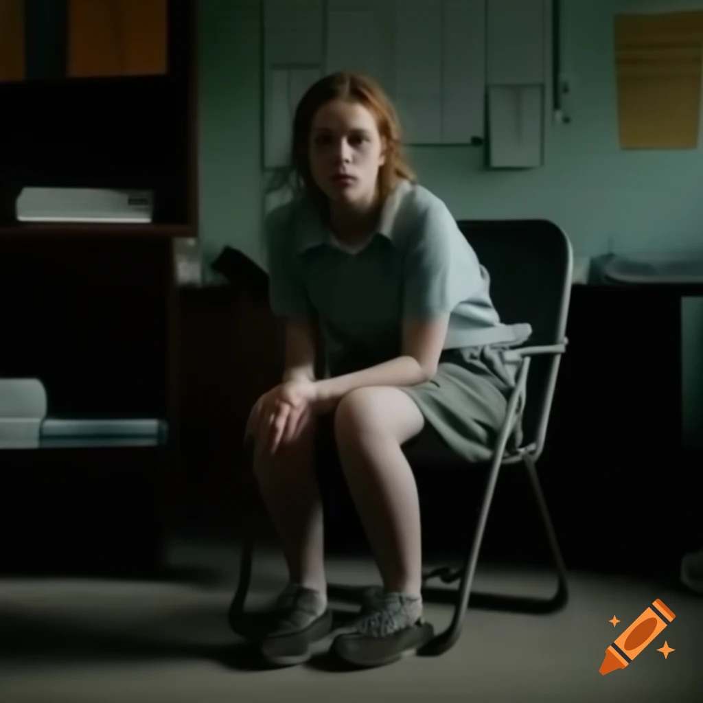 Young woman in camp counselor outfit sitting in a bland office with dark, moody atmosphere
