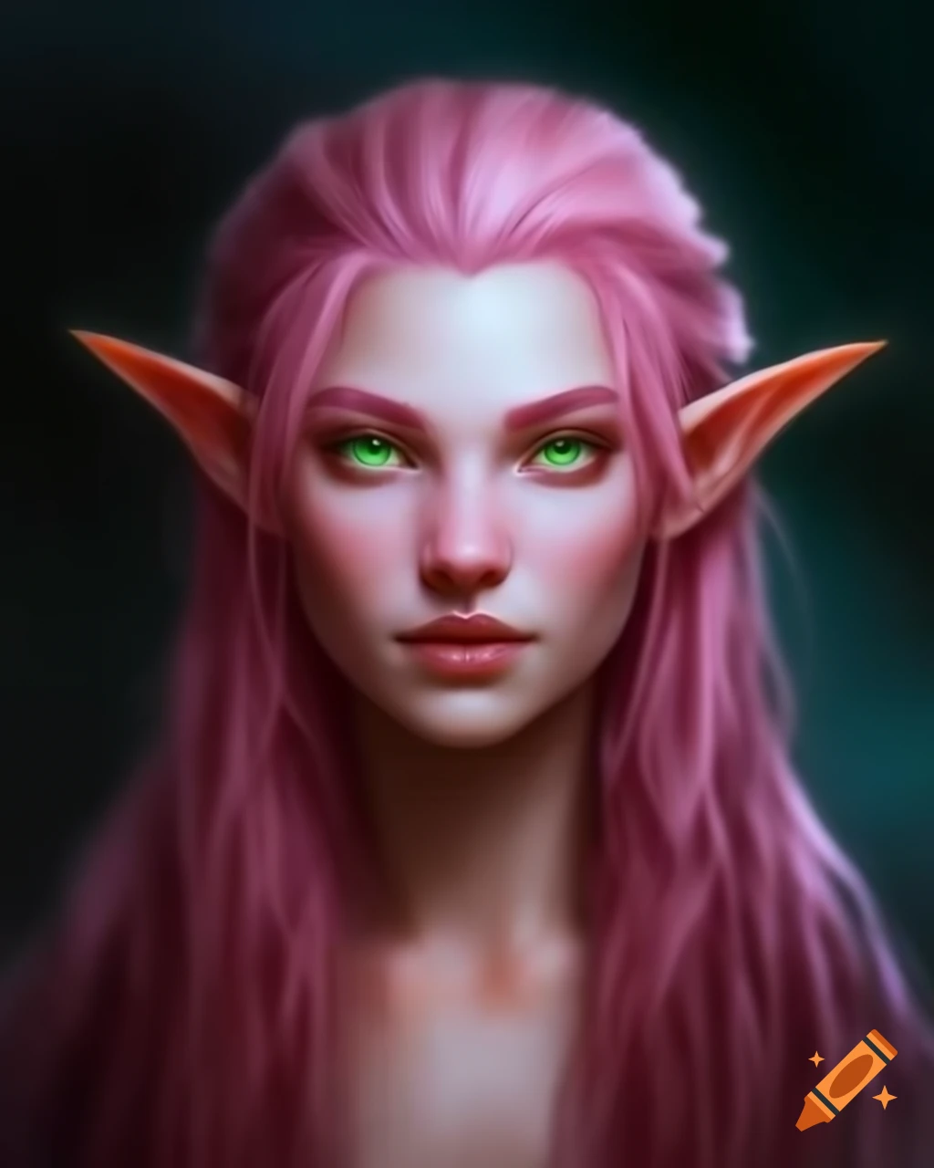 Realistic portrait of female sea elf with light pink hair and glowing green eyes