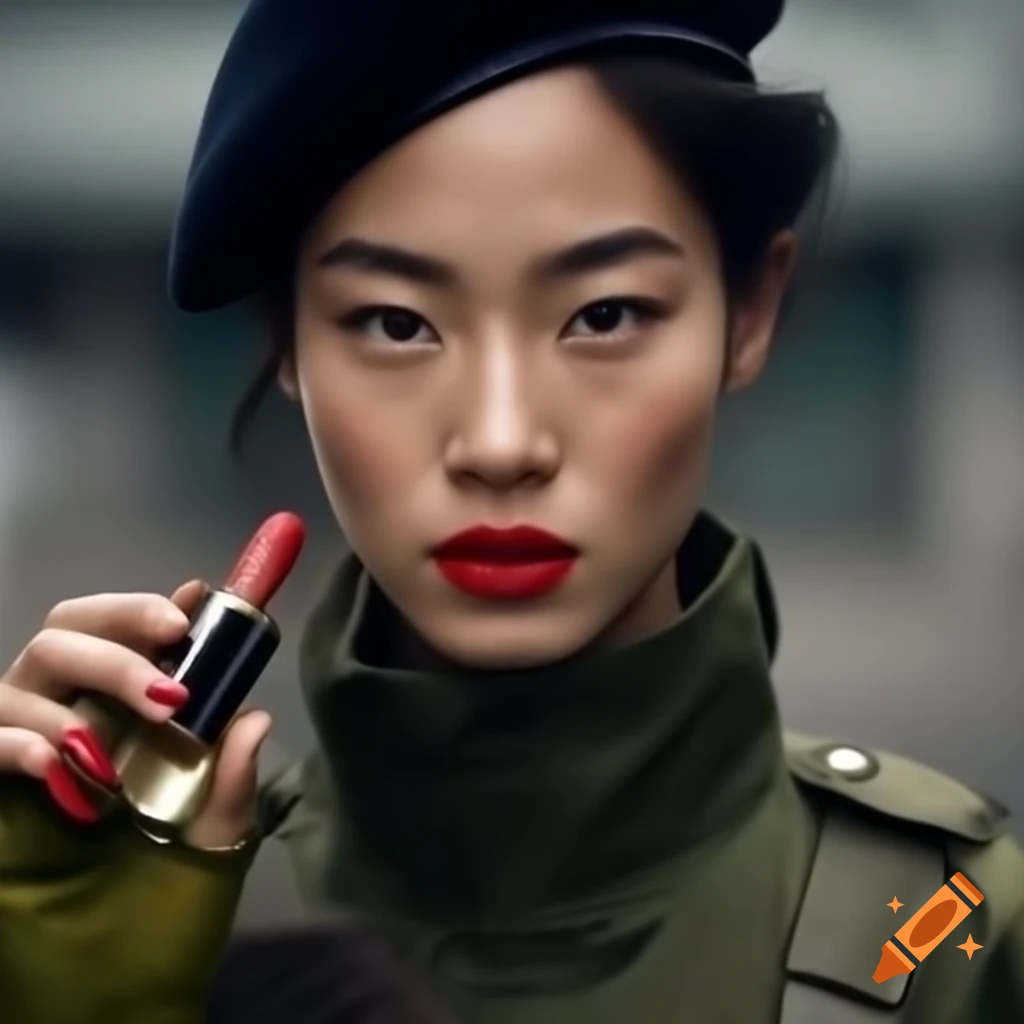 Anime female soldier in combat suit holding lipstick