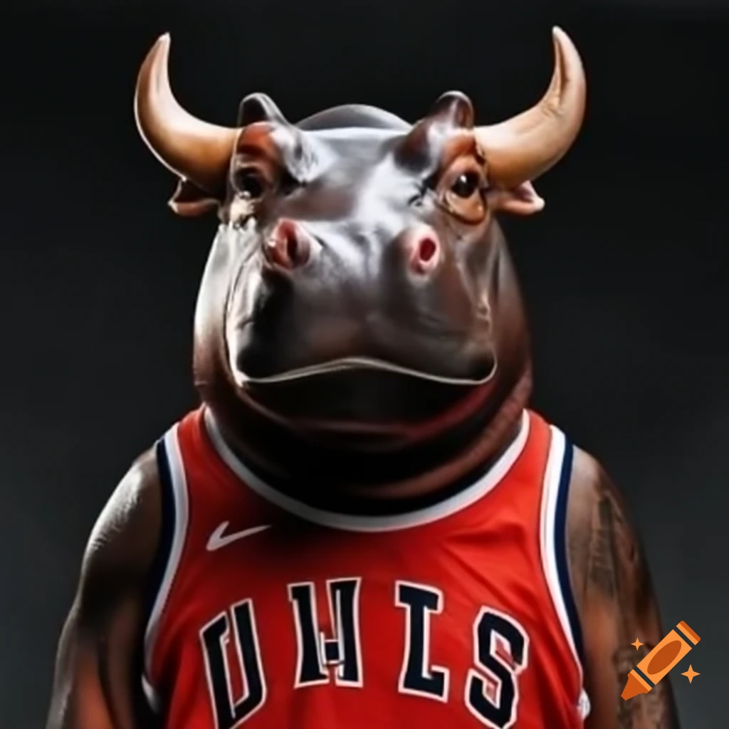 Pygmy hippo named Moo Deng with Chicago Bulls logo horn