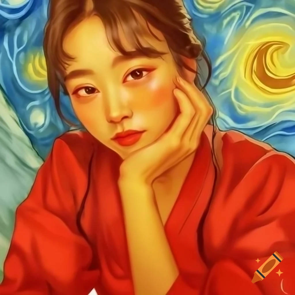 Charming Korean woman in red, animated style with Van Gogh and Rembrandt influences