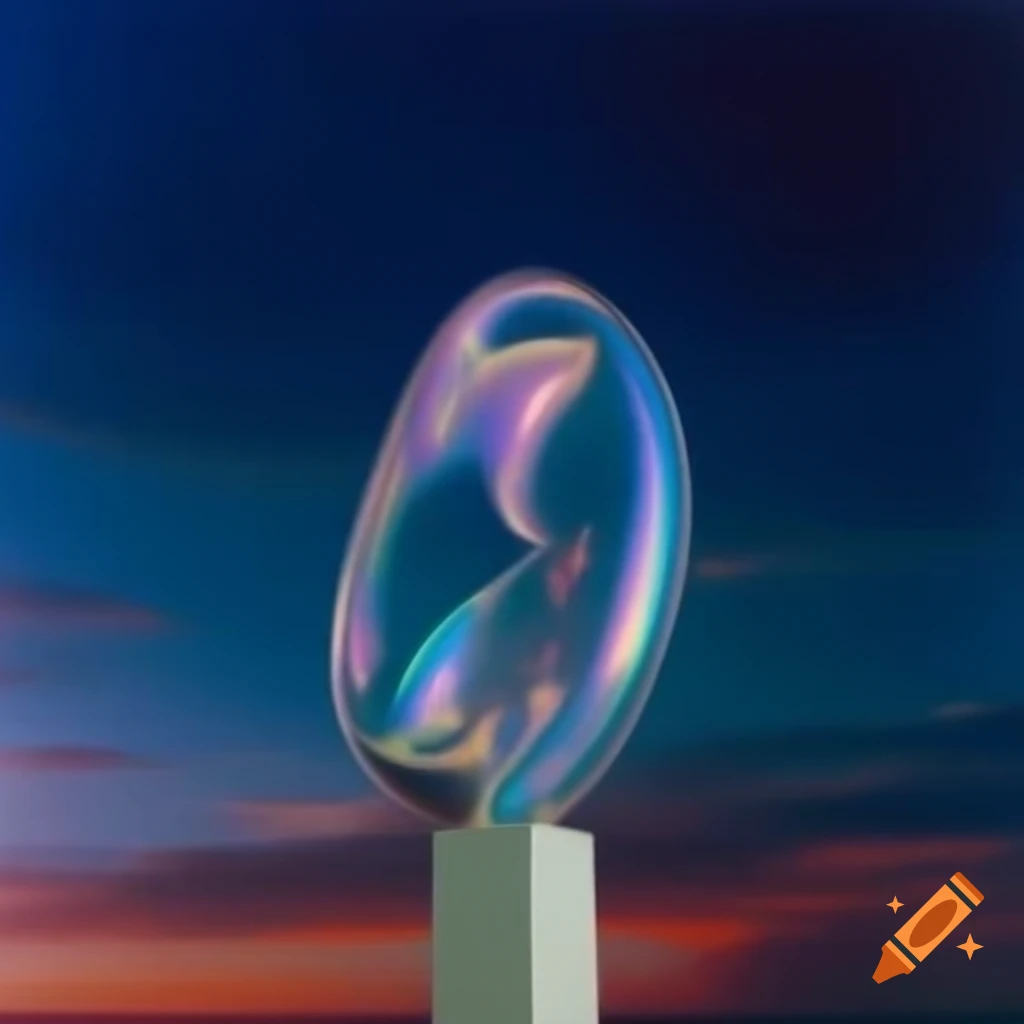 Iridescent glass statue against bright night sky in pop surreal style