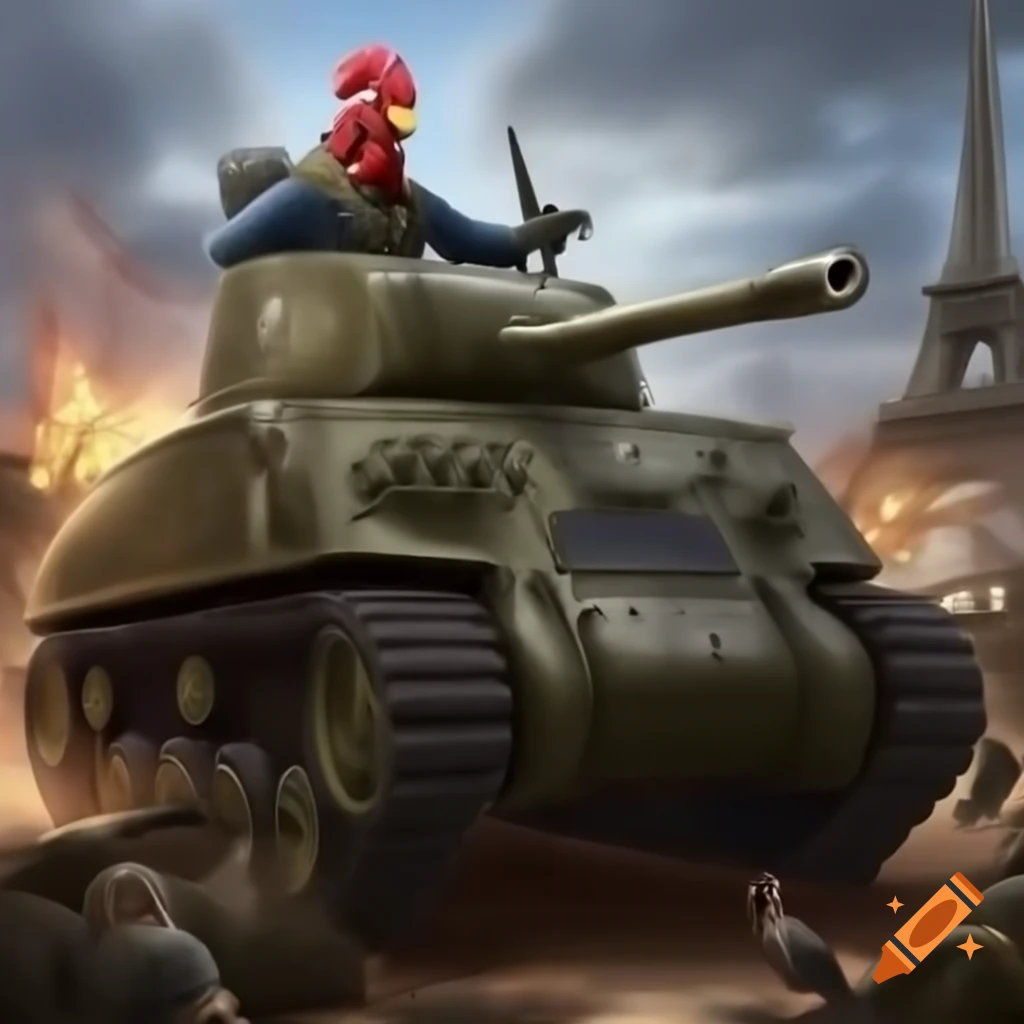 Rooster in soldier uniform shooting zombies from WWII tank with Eiffel Tower in background