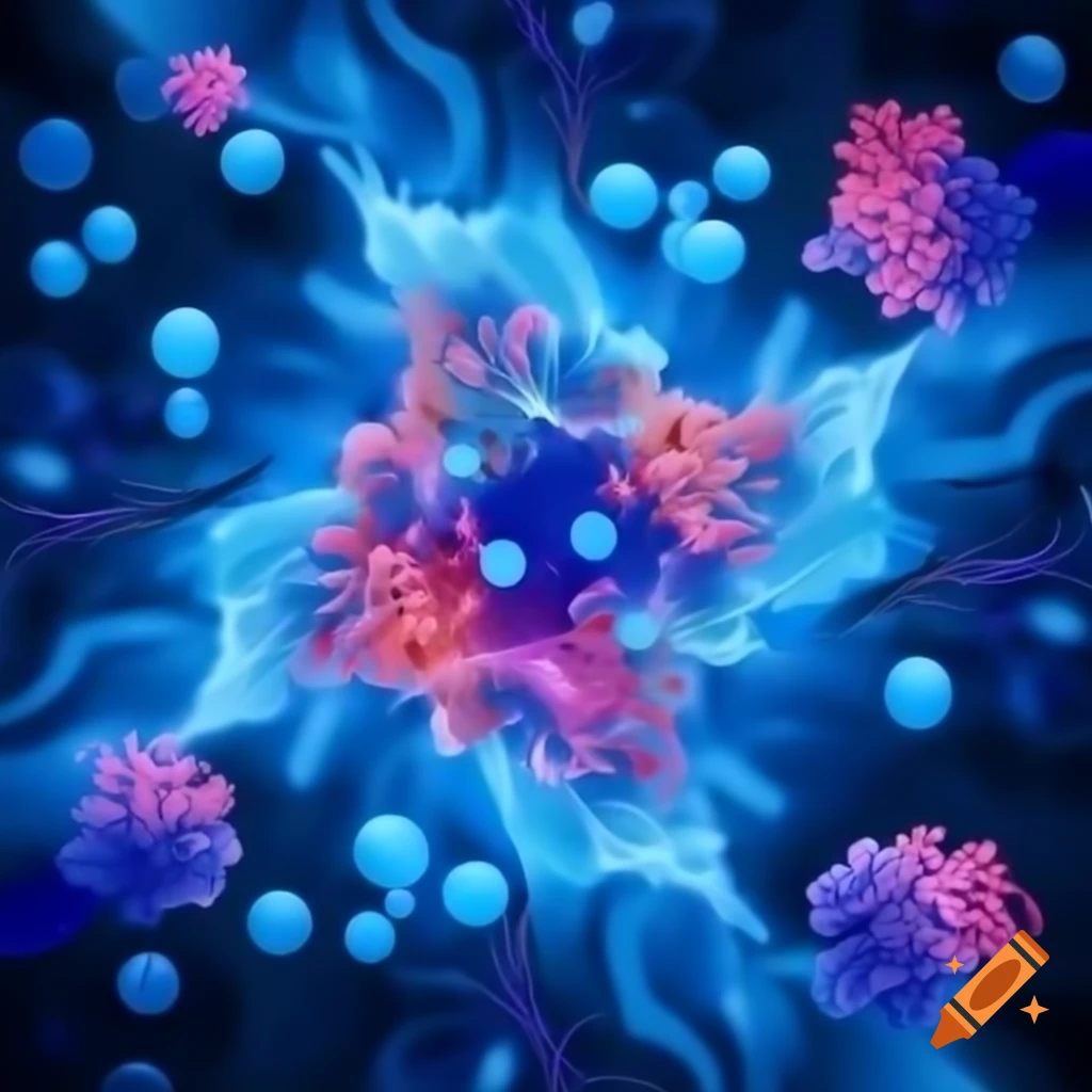 3D representation of colorful proteins interacting in aqueous environment
