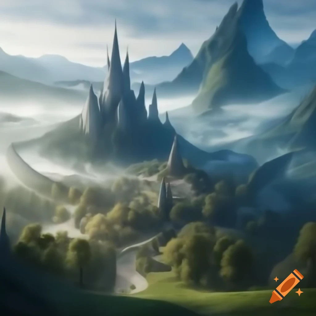 Elven city of Rivendell nestled in valley, surrounded by trees and mountain mist